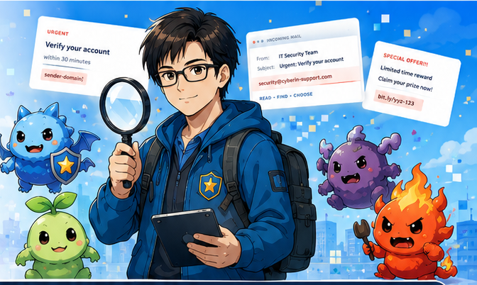 怪しい英語メールを虫眼鏡で調査する男性の案内役と、青・紫・緑・炎色のモンスター