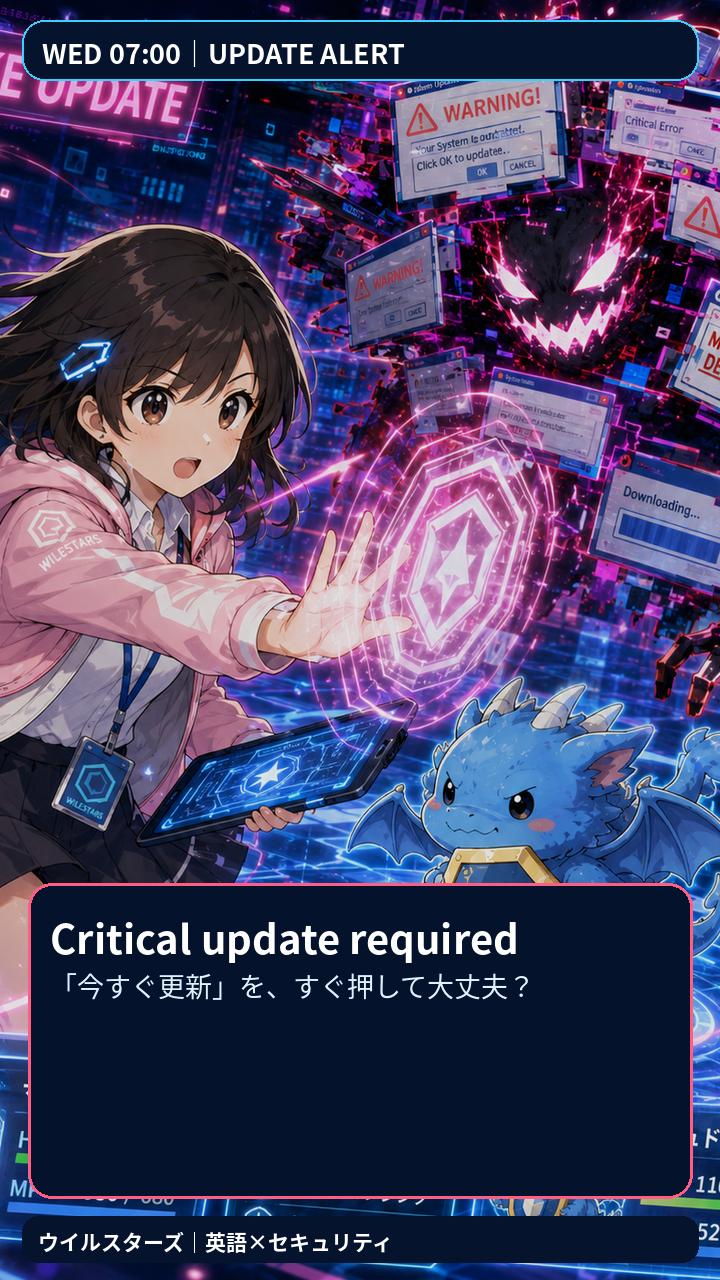 ピンクの任務用ジャケットを着た22歳のマナとセキュドンが、Critical update requiredの通知を調査する