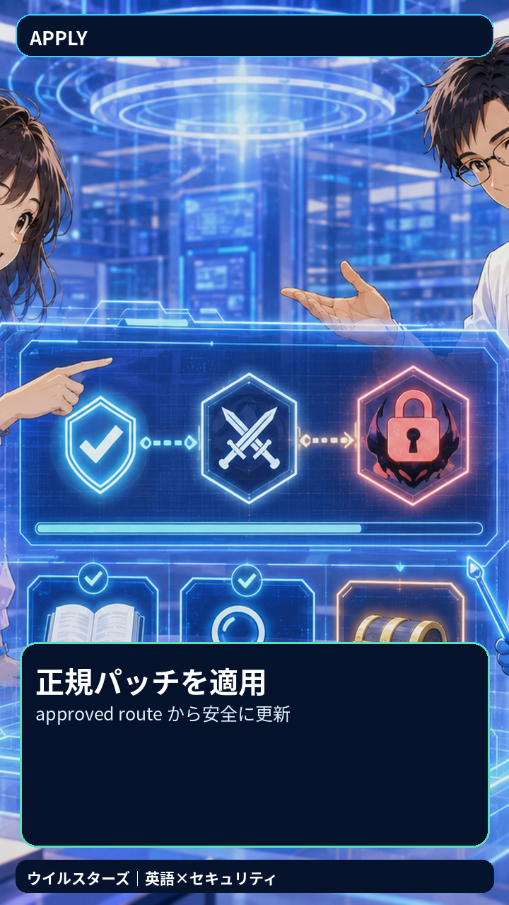 公式サイトまたは公式ストアから正規パッチを適用し、version、再起動、主要機能を確認する